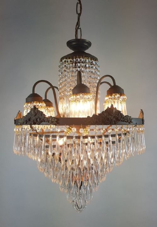 fig 3. c1910 Waterfall Gilt Brass Chandelier with 6 Arms