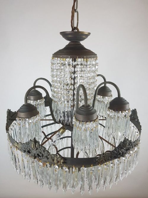 fig 5. c1910 Waterfall Gilt Brass Chandelier with 6 Arms