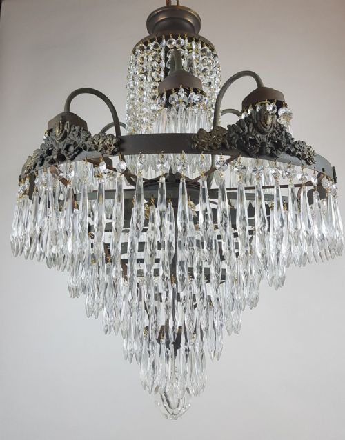 fig 6. c1910 Waterfall Gilt Brass Chandelier with 6 Arms