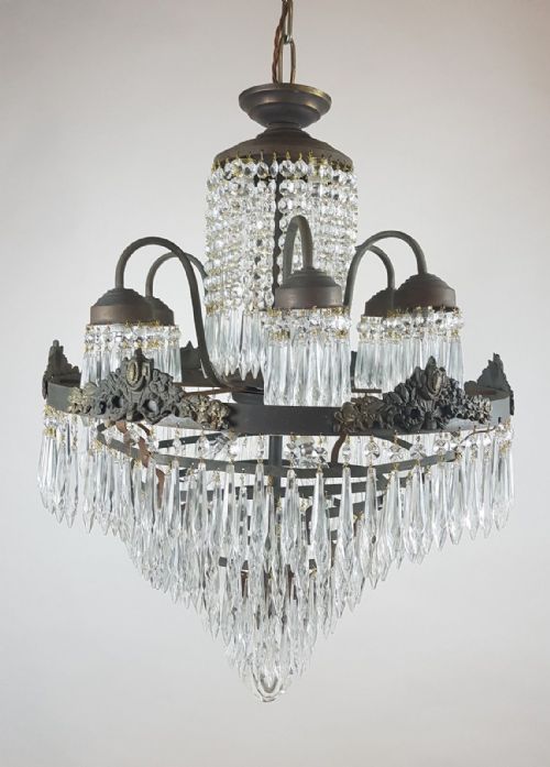fig 7. c1910 Waterfall Gilt Brass Chandelier with 6 Arms