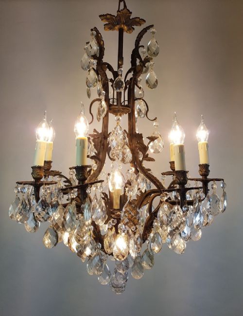 French C1910 8 Arm Gilt Brass Crystal Birdcage Chandelier with Downlights