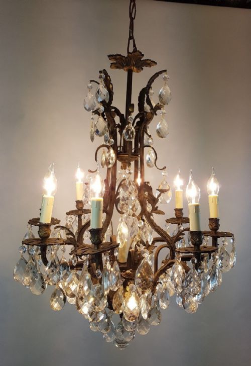 fig 1. French c1910 8 Arm Gilt Brass Crystal Birdcage Chandelier with downlights