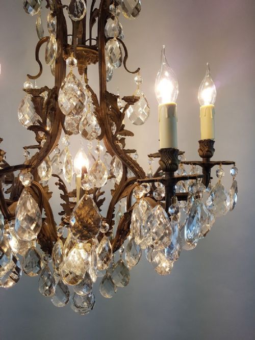 fig 2. French c1910 8 Arm Gilt Brass Crystal Birdcage Chandelier with downlights