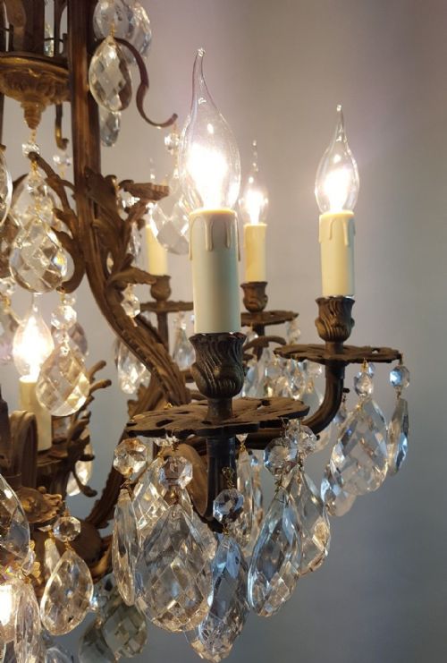 fig 3. French c1910 8 Arm Gilt Brass Crystal Birdcage Chandelier with downlights