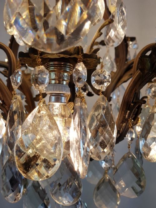 fig 4. French c1910 8 Arm Gilt Brass Crystal Birdcage Chandelier with downlights