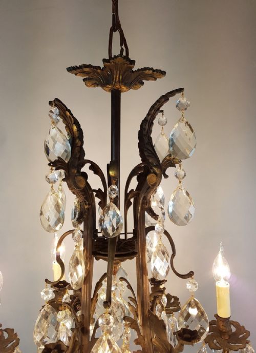 fig 5. French c1910 8 Arm Gilt Brass Crystal Birdcage Chandelier with downlights