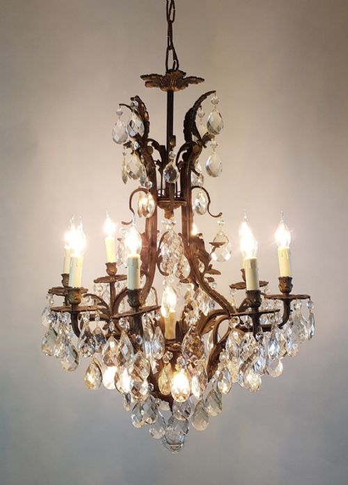 fig 6. French c1910 8 Arm Gilt Brass Crystal Birdcage Chandelier with downlights