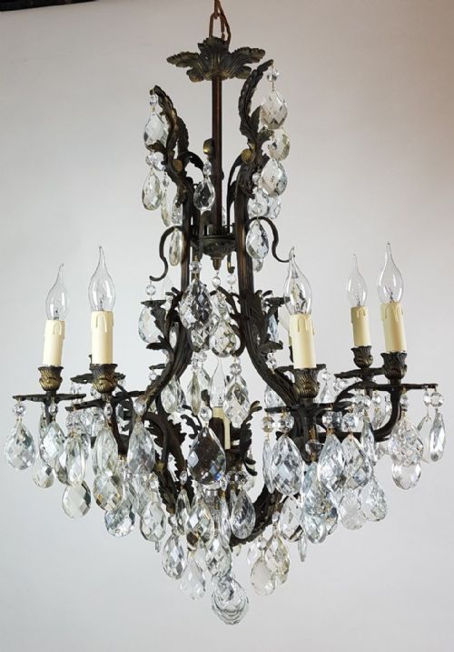 fig 7. French c1910 8 Arm Gilt Brass Crystal Birdcage Chandelier with downlights