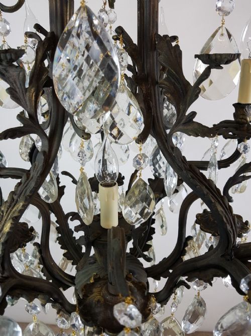 fig 10. French c1910 8 Arm Gilt Brass Crystal Birdcage Chandelier with downlights