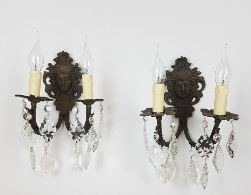 Pair of C1910 Brass Wall Lights with Classical Female Face