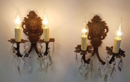 fig 1. Pair of c1910 Brass Wall Lights with Classical Female Face