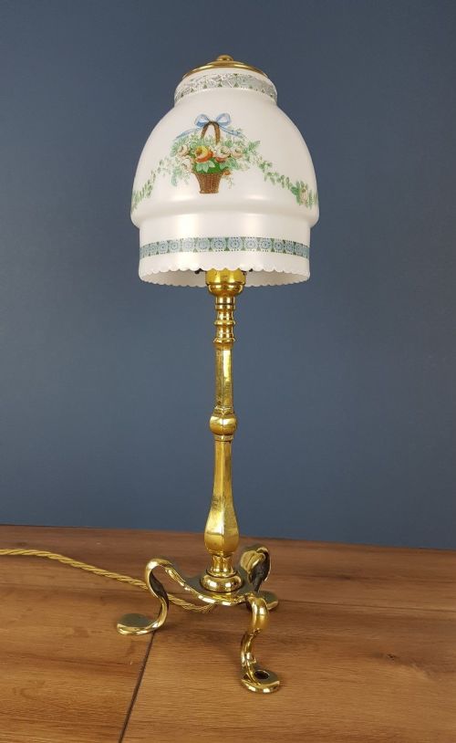 C1910 Brass Pullman Lamp with Decorated Flower Basket Shade