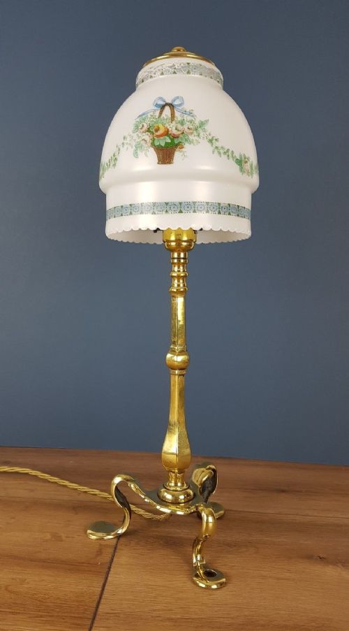 fig 1. c1910 Brass Pullman Lamp with Decorated Flower Basket Shade