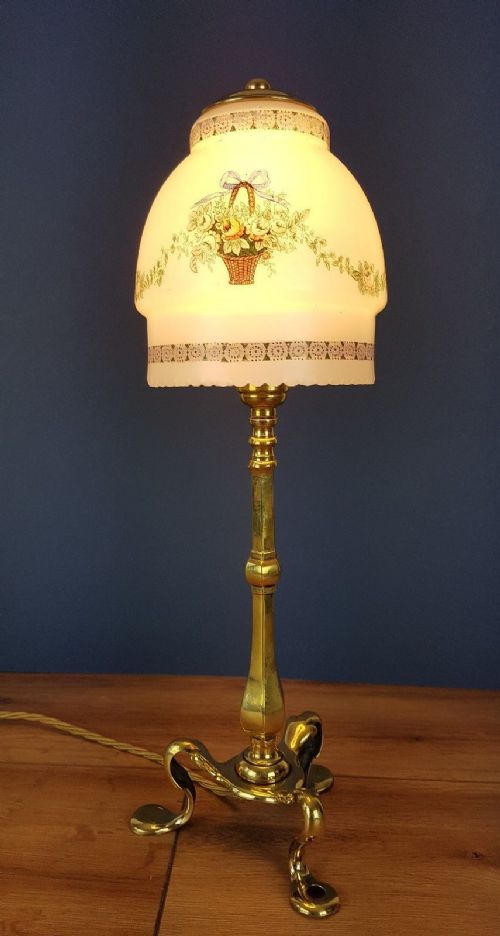 fig 2. c1910 Brass Pullman Lamp with Decorated Flower Basket Shade