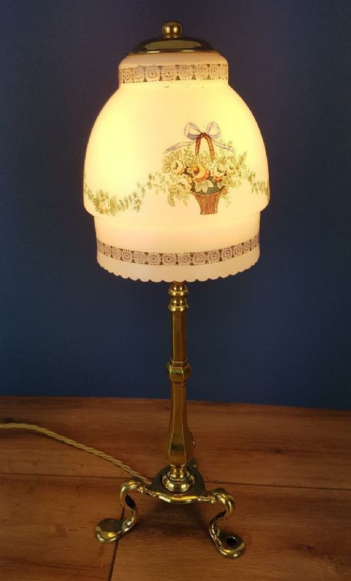 fig 3. c1910 Brass Pullman Lamp with Decorated Flower Basket Shade
