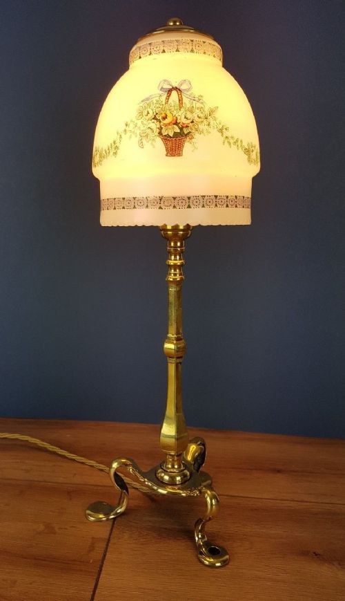 fig 4. c1910 Brass Pullman Lamp with Decorated Flower Basket Shade