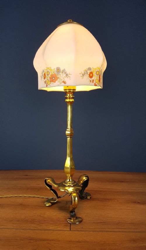 C1910 Brass Pullamn Lamp with Flower Decorated Ceramic Shade