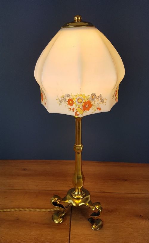 fig 1. c1910 Brass Pullamn Lamp with Flower Decorated Ceramic Shade