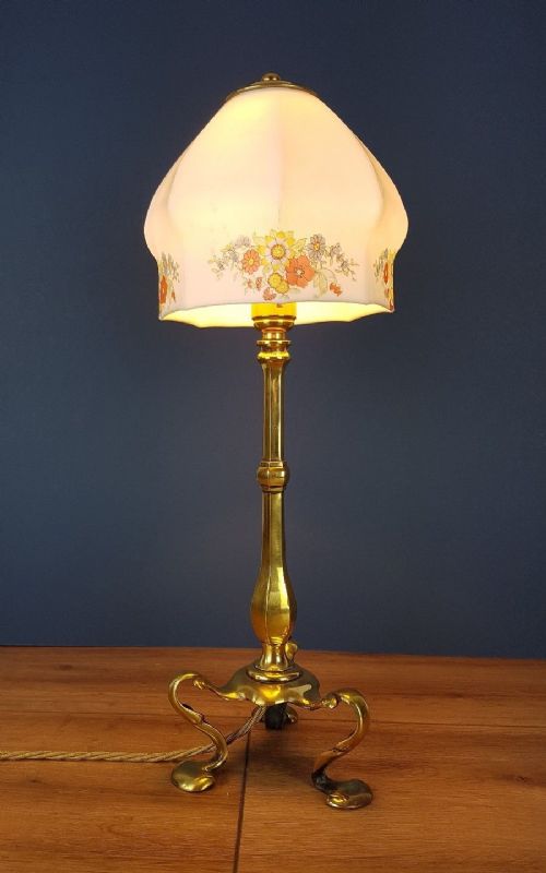fig 2. c1910 Brass Pullamn Lamp with Flower Decorated Ceramic Shade