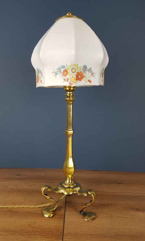 fig 3. c1910 Brass Pullamn Lamp with Flower Decorated Ceramic Shade
