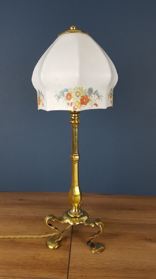 fig 4. c1910 Brass Pullamn Lamp with Flower Decorated Ceramic Shade