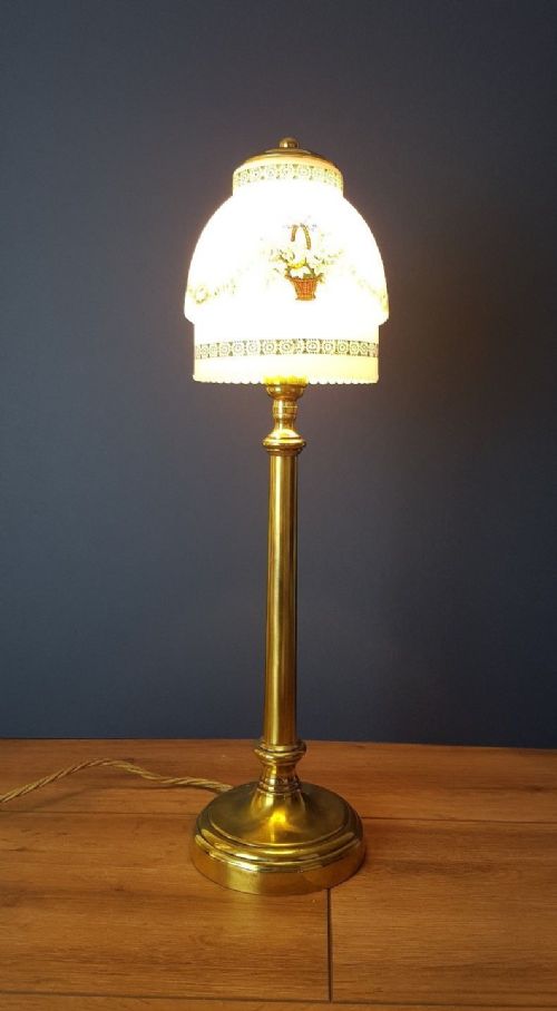 Brass Table Lamp with Decorated Flower Basket Shade