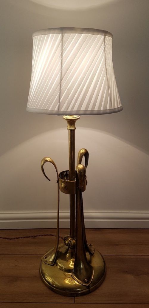 Large Arts & Crafts Brass Table Lamp with Pleat Shade