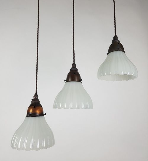 Set of 3 Milk Glass Holophane Ceiling Lights with Original Distressed Galleries