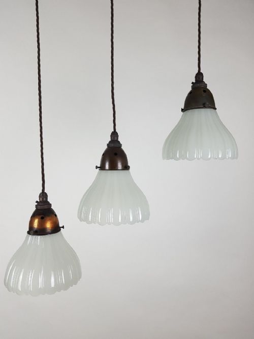 fig 1. Set of 3 Milk Glass Holophane Ceiling Lights with Original Distressed Galleries