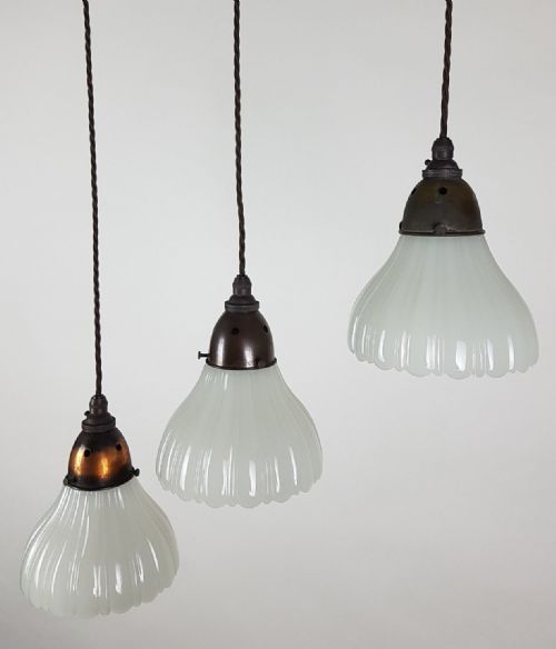 fig 2. Set of 3 Milk Glass Holophane Ceiling Lights with Original Distressed Galleries