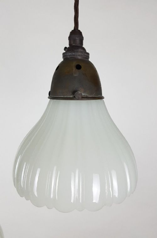 fig 3. Set of 3 Milk Glass Holophane Ceiling Lights with Original Distressed Galleries