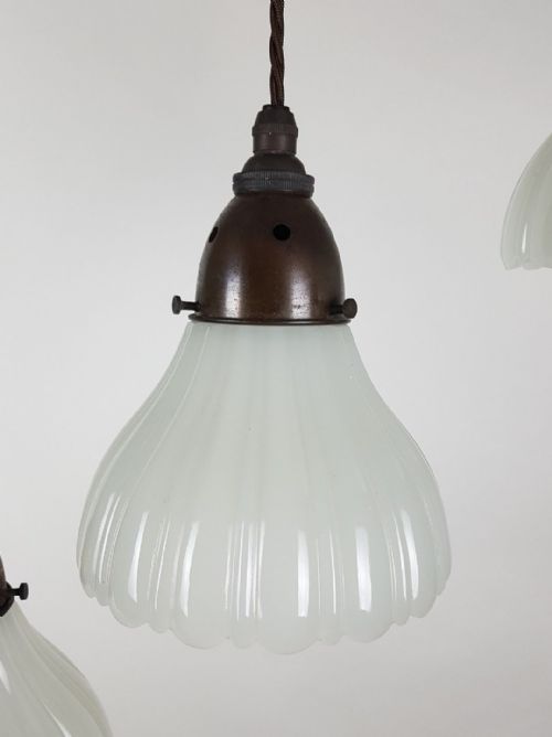 fig 4. Set of 3 Milk Glass Holophane Ceiling Lights with Original Distressed Galleries