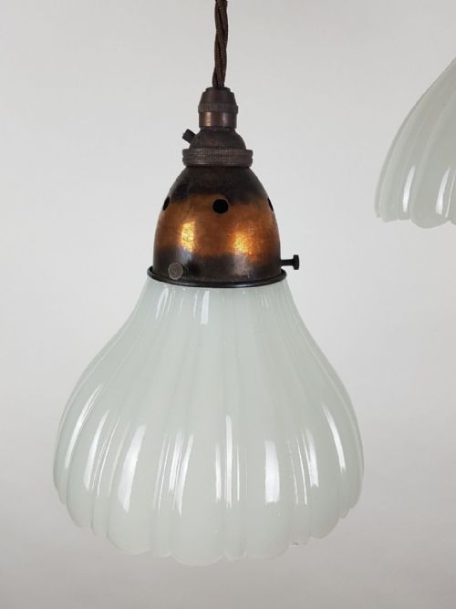 fig 5. Set of 3 Milk Glass Holophane Ceiling Lights with Original Distressed Galleries