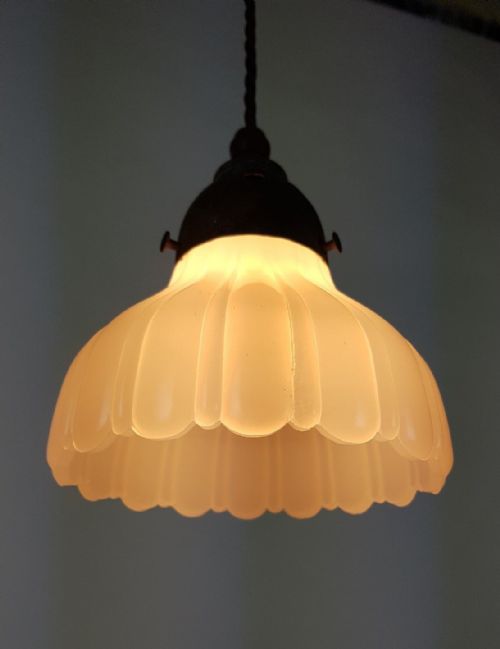 fig 6. Set of 3 Milk Glass Holophane Ceiling Lights with Original Distressed Galleries