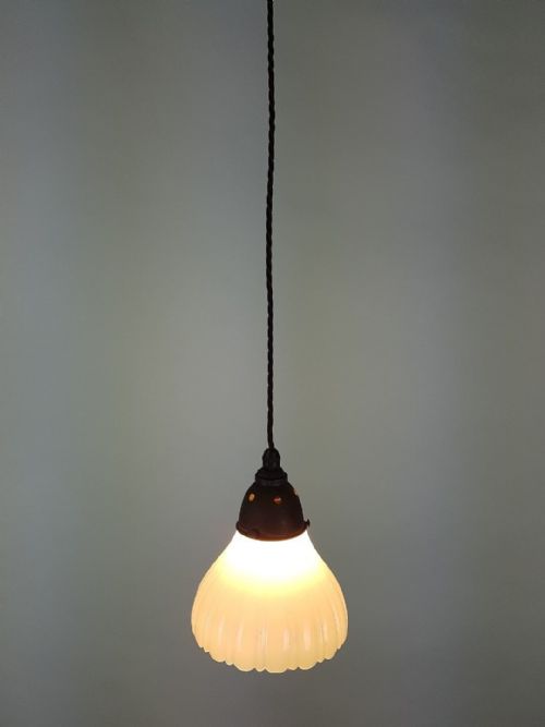 fig 7. Set of 3 Milk Glass Holophane Ceiling Lights with Original Distressed Galleries