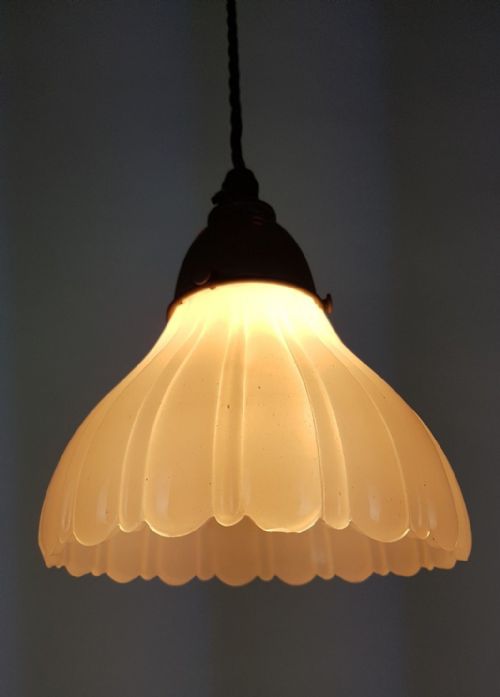 fig 8. Set of 3 Milk Glass Holophane Ceiling Lights with Original Distressed Galleries