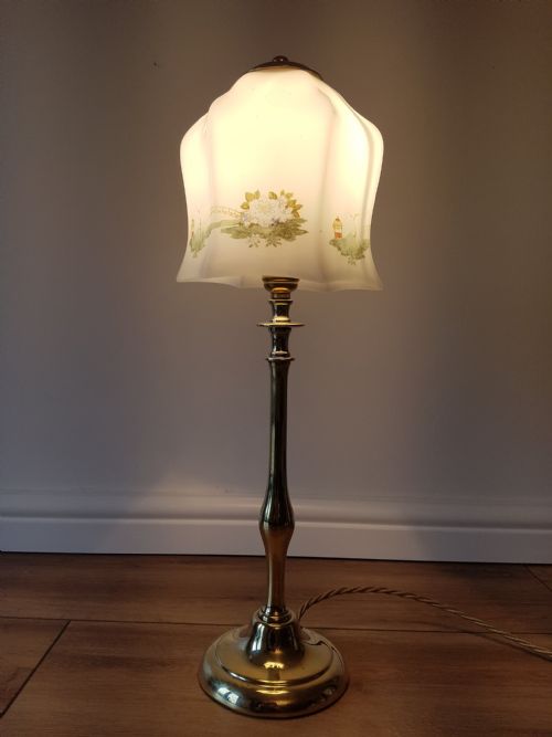 C1920 Cast Brass Table Lamp with Decorated Ceramic Shade; Pat Tested.