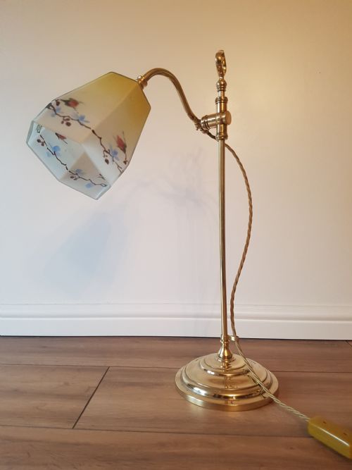 C1920 Rise & Fall Adjustable Table Desk Lamp with Reverse Painted Ceramic Shade; Pat Tested