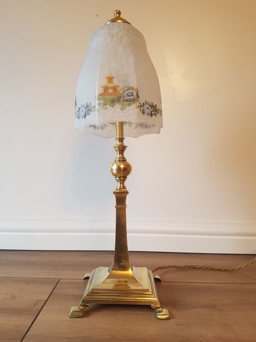 C1920 Classical Brass Base Table Lamp with Decorated Chinese Ceramic Shade; Pat Tested