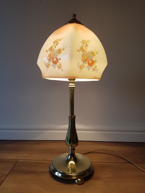 C1920 Brass Table Lamp with Floral Ceramic Shade; Pat Tested