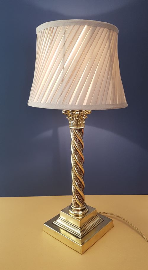C1910 Decorated Brass Corinthian Column Table Lamp with Champagne Twist Pleat Shade