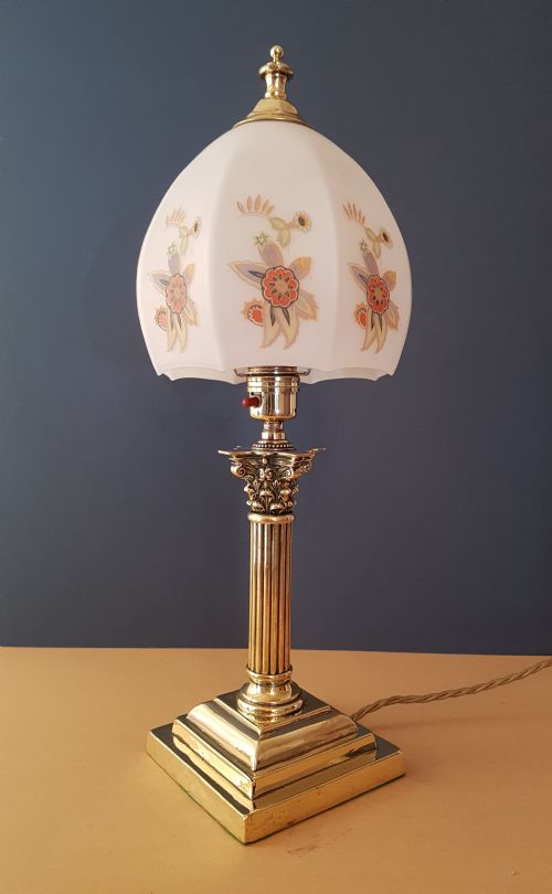 C1910 Brass Corinthian Column Table Lamp with Flower Ceramic Shade