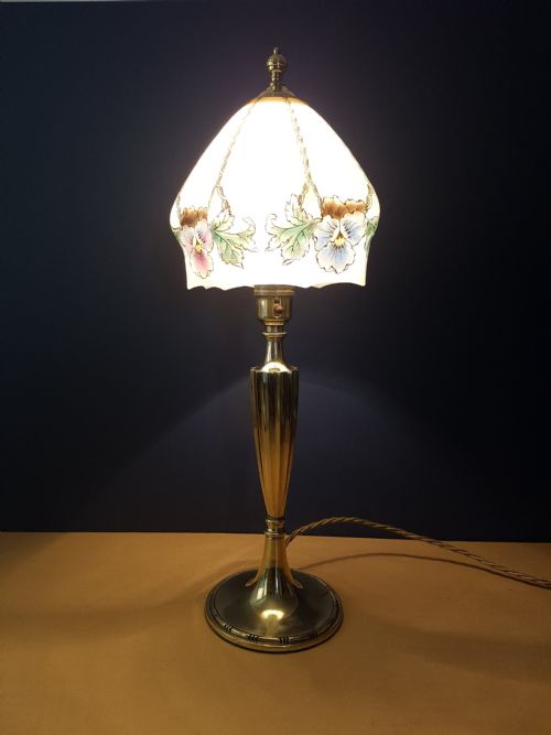 C1910 Cast Brass Elegant Table Lamp with Floral Ceramic Shade