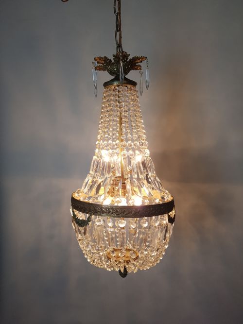 C1920 Large Crystal Gilt Brass Bag Chandelier