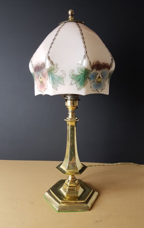 C1920 Cast Brass Table Lamp with Floral Ceramic Shade