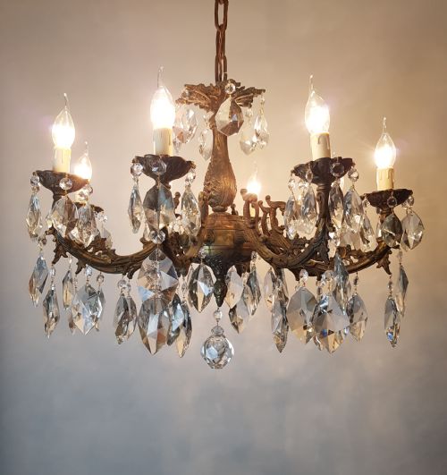 C1900 8 Arm Aged Brass Crystal Chandelier; Rewired