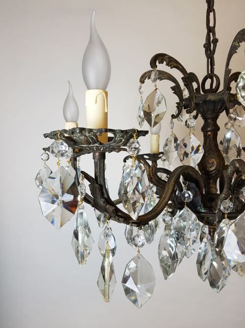 fig 1. c1910 6 Arm Gilt Brass Crystal Chandelier; Rewired