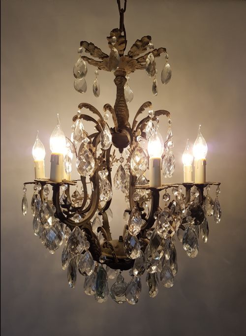 C1900 8 Arm Gilt Brass Crystal Birdcage Chandelier