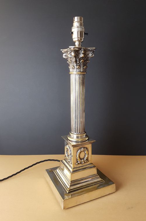 C1900 Distressed Silver Plated Brass Corinthian Column Table Lamp; Rewired and Pat Tested