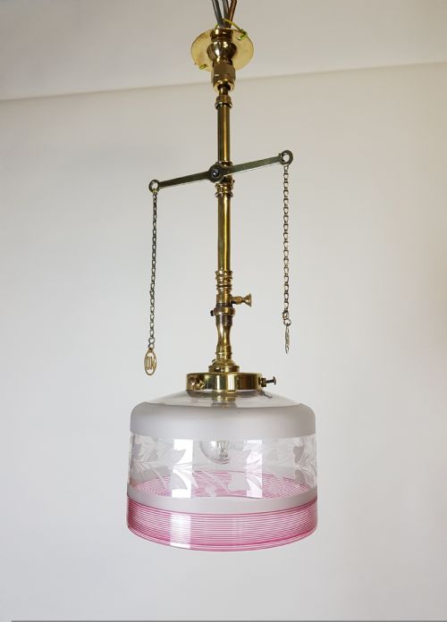 Victorian Brass Gas Pole Ceiling Light with Etched Glass Shade; Rewired